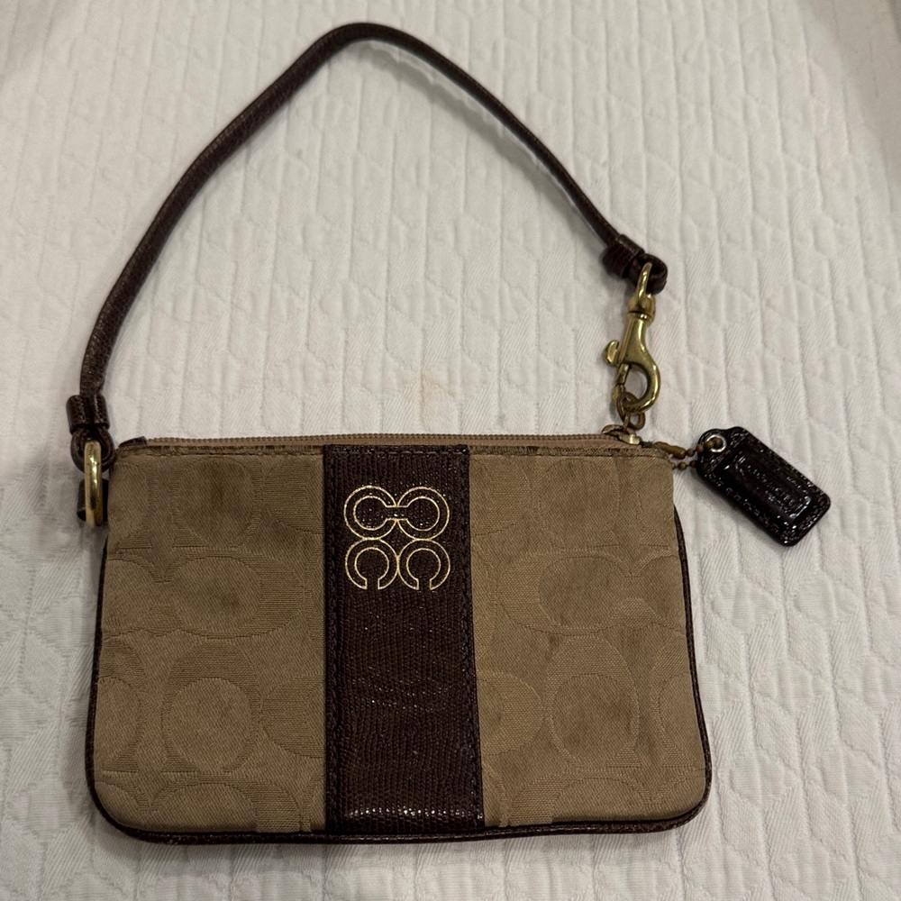 Coach Brown Signature Canvas Wristlet with Dark Brown Trim